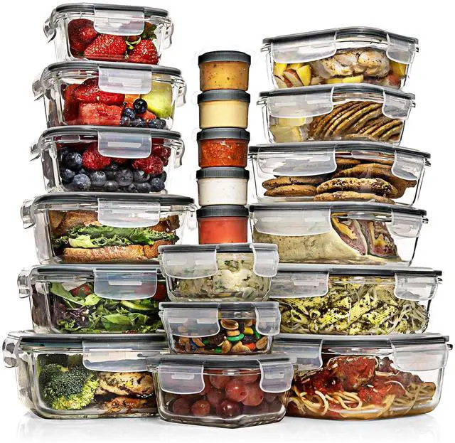 Main image of 35 Pc Set Glass Food Storage Containers with Lids - Meal Prep Airtight Bento Boxes BPA-Free 100% Leak Proof (15 lids,15 glass & 5 Plastic Sauce/Dip Containers)