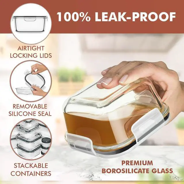 Alt view image 3 of 7 - 35 Pc Set Glass Food Storage Containers with Lids - Meal Prep Airtight Bento Boxes BPA-Free 100% Leak Proof (15 lids,15 glass & 5 Plastic Sauce/Dip Containers)
