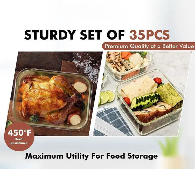Alt view image 6 of 7 - 35 Pc Set Glass Food Storage Containers with Lids - Meal Prep Airtight Bento Boxes BPA-Free 100% Leak Proof (15 lids,15 glass & 5 Plastic Sauce/Dip Containers)