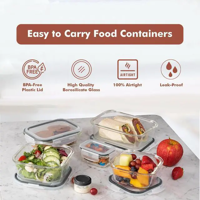 Alt view image 7 of 7 - 35 Pc Set Glass Food Storage Containers with Lids - Meal Prep Airtight Bento Boxes BPA-Free 100% Leak Proof (15 lids,15 glass & 5 Plastic Sauce/Dip Containers)