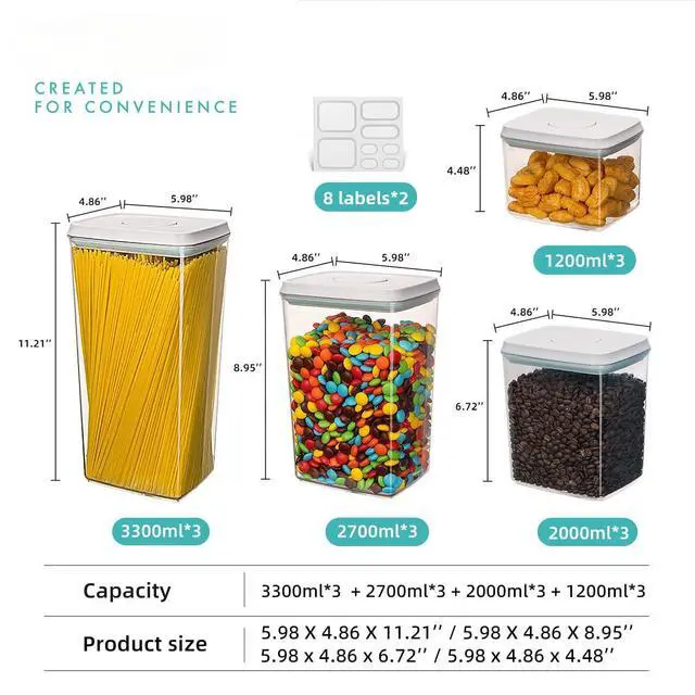 Alt view image 6 of 6 - Pop Airtight Food Storage Containers with Lids for Kitchen Pantry Organizing Stackable Container for Cereal Snack Flour Sugar Coffee Spaghetti -12 Pcs(1.2, 2.0, 2.7, 3.3qt)*3