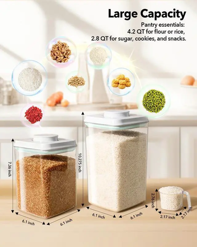 Alt view image 6 of 6 - Food Storage Container Sets, 2.8 Qt *2+ 4.2 Qt *4 Airtight Canisters with Lids and 130ml Scoop, BPA-Free Plastic Pantry Containers for Flour, Sugar, Rice