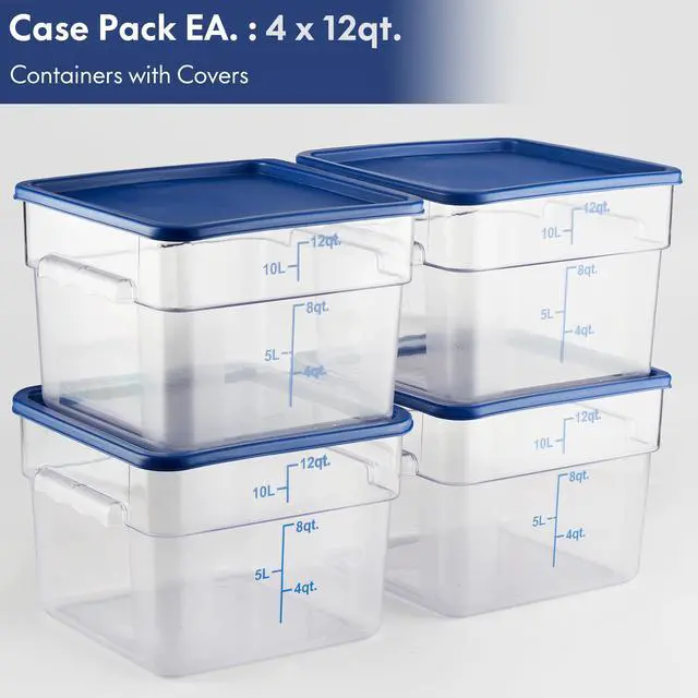Alt view image 2 of 7 - 4 Pack Food Storage Containers with Blue Lids - NSF Listed Commercial Grade in 12.0 Qt - Square, Clear, Polycarbonate