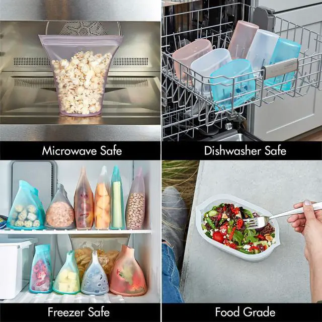 Alt view image 3 of 7 - Reusable Food Storage Containers Full Set of 8 Gray Platinum Silicone Cups, Dishes & Bags Microwave, Dishwasher & Freezer Safe Made in USA, BPA-Free