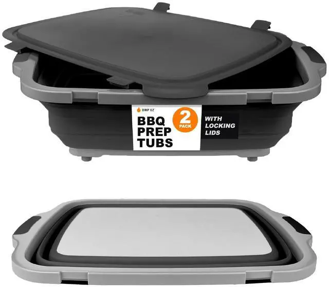 Main image of Collapsible BBQ Prep Tubs 2-Piece Set- For Meal Prep Marinating Food Storage - Includes Cutting Board & Lid - (2) XL - Black