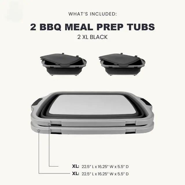 Alt view image 2 of 6 - Collapsible BBQ Prep Tubs 2-Piece Set- For Meal Prep Marinating Food Storage - Includes Cutting Board & Lid - (2) XL - Black