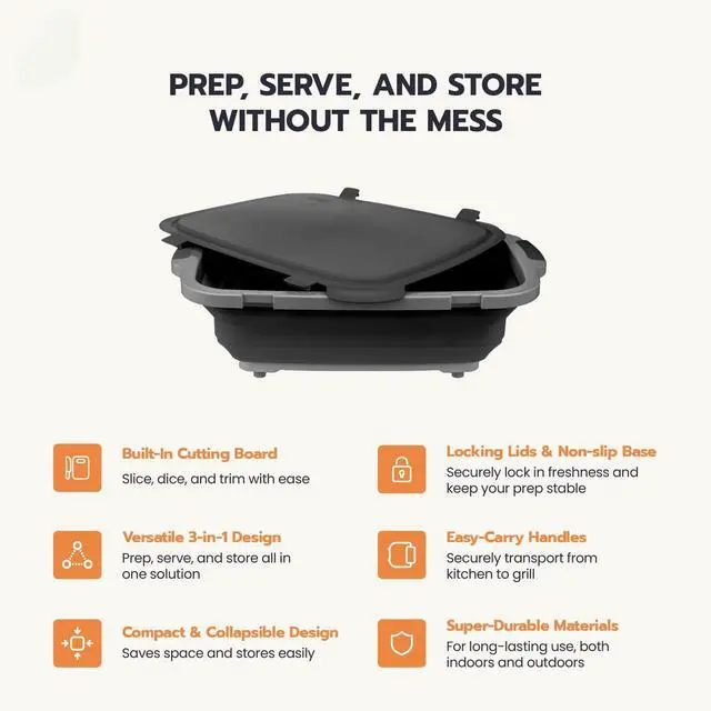 Alt view image 3 of 6 - Collapsible BBQ Prep Tubs 2-Piece Set- For Meal Prep Marinating Food Storage - Includes Cutting Board & Lid - (2) XL - Black