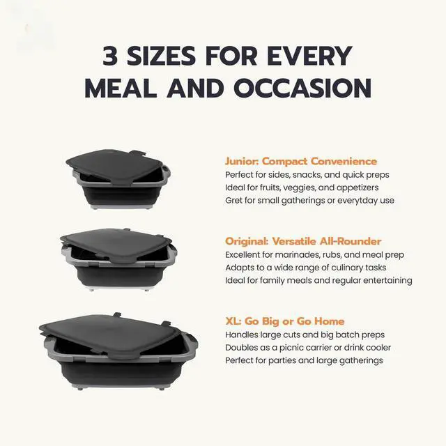 Alt view image 4 of 6 - Collapsible BBQ Prep Tubs 2-Piece Set- For Meal Prep Marinating Food Storage - Includes Cutting Board & Lid - (2) XL - Black