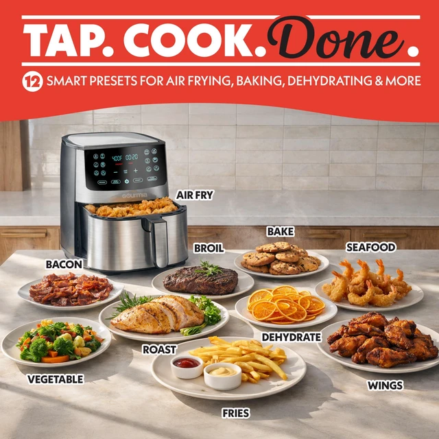 Alt view image 2 of 7 - Air Fryer Oven Digital Display 8 Quart Large AirFryer Cooker 12 Touch Cooking Presets, XL Air Fryer Basket 1700w Power Multifunction GAF838 Black and stainless steel air fryer