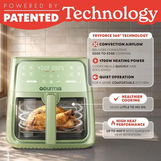 Alt view image 4 of 7 - 8 Qt Air Fryer, 8 Presets with Digital Display, FryForce 360° Technology, Easy View Window & Interior Light, Dishwasher Safe Basket, Green