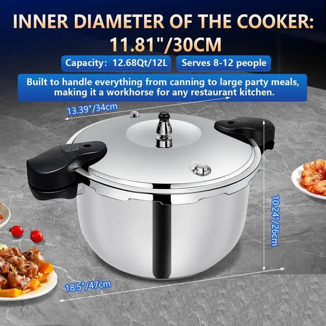 Alt view image 3 of 7 - Stainless Steel Pressure Cooker 12 quart Induction Compatible Thickened Pressure Cooker with Spring Valve Safeguard Devices, Compatible with Gas & Induction Cooker 8-12 people Use