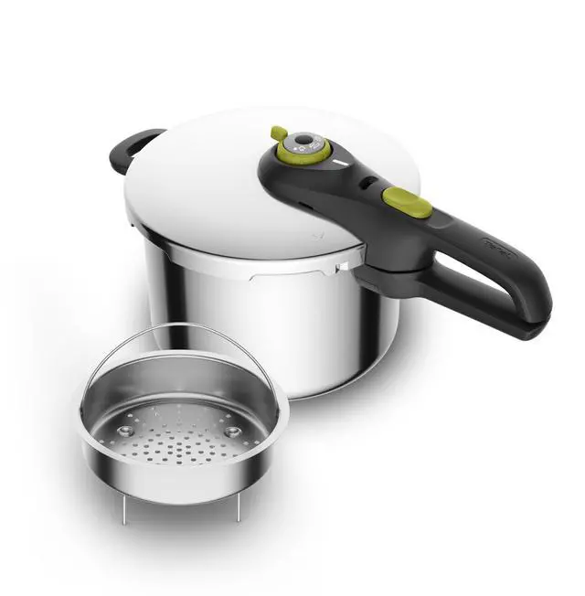 Main image of Secure Stainless Steel Stovetop Pressure Cooker, 6.3 qt, Induction | 5-point safety locking system, Steam basket included, 2 pressure cooking modes, Dishwasher-safe body, Sliding handle