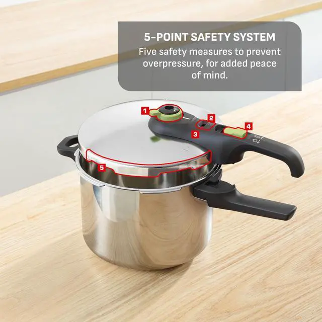 Alt view image 3 of 7 - Secure Stainless Steel Stovetop Pressure Cooker, 6.3 qt, Induction | 5-point safety locking system, Steam basket included, 2 pressure cooking modes, Dishwasher-safe body, Sliding handle