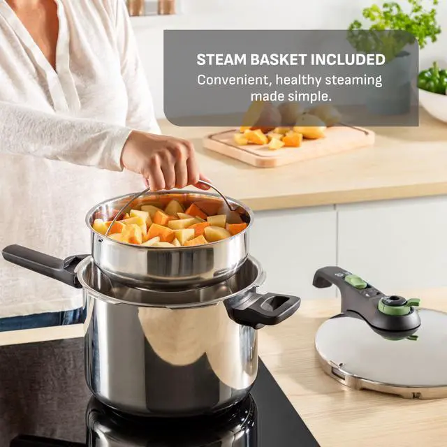 Alt view image 7 of 7 - Secure Stainless Steel Stovetop Pressure Cooker, 6.3 qt, Induction | 5-point safety locking system, Steam basket included, 2 pressure cooking modes, Dishwasher-safe body, Sliding handle