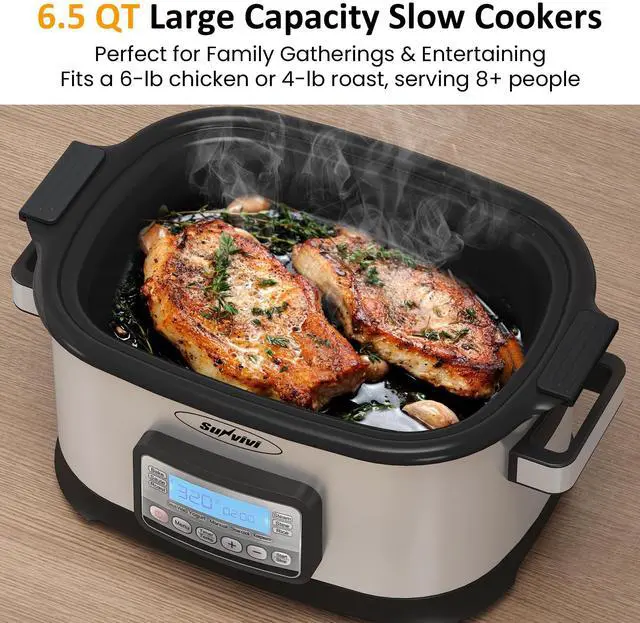 Alt view image 2 of 7 - 12-in-1 Programmable Slow Cooker 6.5QT with Timer & Keep Warm | Multicooker with Timer & Temp Control, Dishwasher Safe Lid & Removable Nonstick Crock and Rack, Stainless Steel