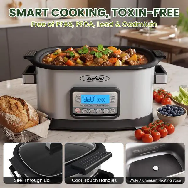 Alt view image 6 of 7 - 12-in-1 Programmable Slow Cooker 6.5QT with Timer & Keep Warm | Multicooker with Timer & Temp Control, Dishwasher Safe Lid & Removable Nonstick Crock and Rack, Stainless Steel