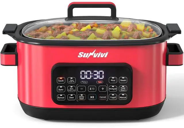 Main image of 12-in-1 Programmable Slow Cooker 6.5QT with Timer & Keep Warm | Multicooker with Timer & Temp Control, Dishwasher Safe Lid & Removable Nonstick Crock, Stainless Steel Rack, Red