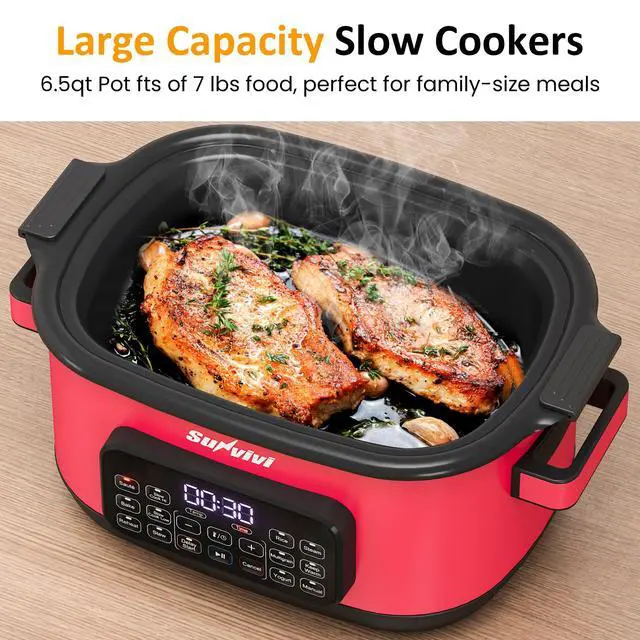 Alt view image 2 of 7 - 12-in-1 Programmable Slow Cooker 6.5QT with Timer & Keep Warm | Multicooker with Timer & Temp Control, Dishwasher Safe Lid & Removable Nonstick Crock, Stainless Steel Rack, Red