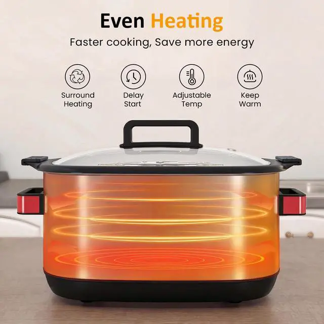 Alt view image 5 of 7 - 12-in-1 Programmable Slow Cooker 6.5QT with Timer & Keep Warm | Multicooker with Timer & Temp Control, Dishwasher Safe Lid & Removable Nonstick Crock, Stainless Steel Rack, Red