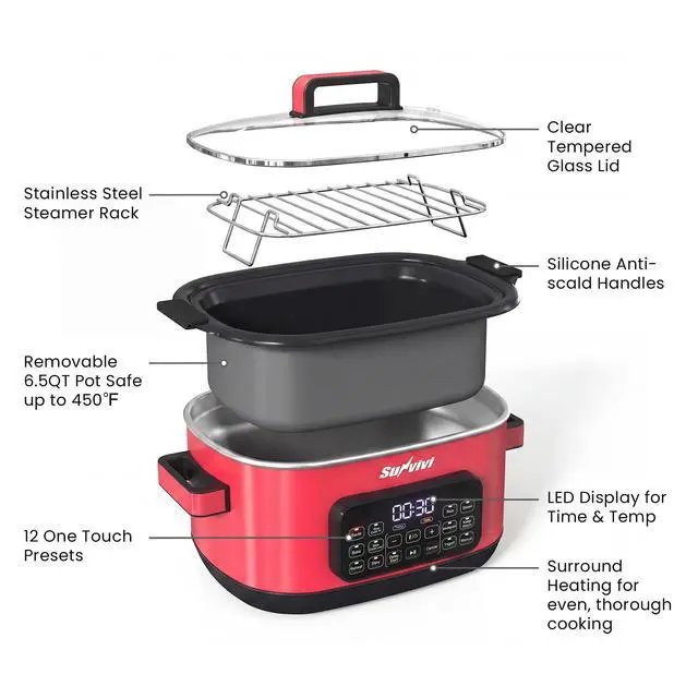 Alt view image 7 of 7 - 12-in-1 Programmable Slow Cooker 6.5QT with Timer & Keep Warm | Multicooker with Timer & Temp Control, Dishwasher Safe Lid & Removable Nonstick Crock, Stainless Steel Rack, Red