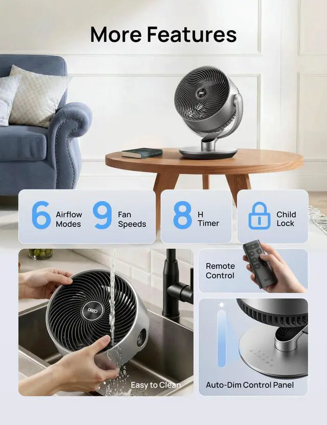 Alt view image 7 of 7 - 16 Inch 20dB Quiet Smart Fans for Bedroom, DC Room Fan with Remote, 120°+120° Oscillating Fan, 6 Modes, 9 Speeds, 12H Timer,Works Alexa/Google/WiFi/Voice Control, Silver, Oversize (DR-HAF004S)