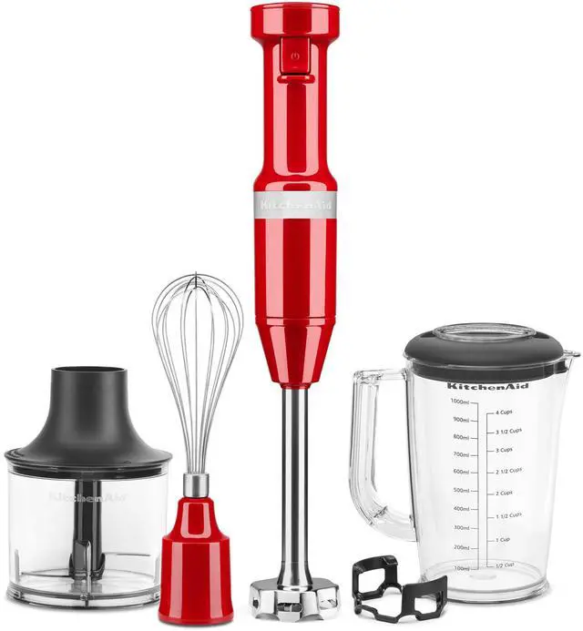 Main image of Variable Speed Corded Hand Blender with Attachments, KHBV83 | Includes Blending Pitcher, Whisk, And Chopper Attachments, Removable 8" Blending Arm, Variable Speed Trigger, Empire Red