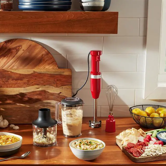 Alt view image 3 of 4 - Variable Speed Corded Hand Blender with Attachments, KHBV83 | Includes Blending Pitcher, Whisk, And Chopper Attachments, Removable 8" Blending Arm, Variable Speed Trigger, Empire Red