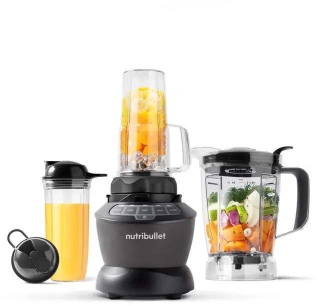 Main image of Full-Size Blender Combo, Single-Serve & Large Capacity, 1200W, 64oz Pitcher, 32oz Cup, Extractor Blade, 3-Speed, Pulse, Smoothies, Soups, Sauces, Easy Cleaning, Dark Gray, NBF50500