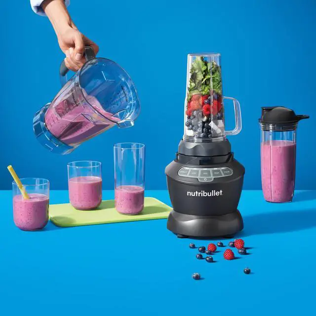 Alt view image 7 of 7 - Full-Size Blender Combo, Single-Serve & Large Capacity, 1200W, 64oz Pitcher, 32oz Cup, Extractor Blade, 3-Speed, Pulse, Smoothies, Soups, Sauces, Easy Cleaning, Dark Gray, NBF50500