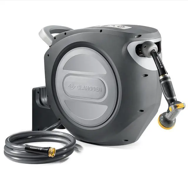 Main image of Retractable Garden Hose Reel 5/8 in x 75 ft Upgraded UV Resistant Heavy Duty Automatic Hose Reel Wall Mount 3/4 in Brass Fitting 9 Pattern Nozzle Any Length Lock Slow Retraction 180° Swivel
