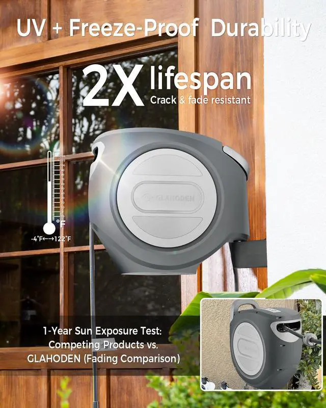 Alt view image 2 of 7 - Retractable Garden Hose Reel 5/8 in x 75 ft Upgraded UV Resistant Heavy Duty Automatic Hose Reel Wall Mount 3/4 in Brass Fitting 9 Pattern Nozzle Any Length Lock Slow Retraction 180° Swivel