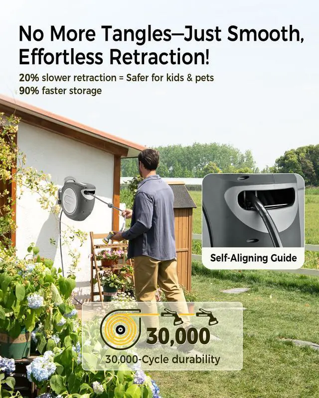 Alt view image 5 of 7 - Retractable Garden Hose Reel 5/8 in x 75 ft Upgraded UV Resistant Heavy Duty Automatic Hose Reel Wall Mount 3/4 in Brass Fitting 9 Pattern Nozzle Any Length Lock Slow Retraction 180° Swivel