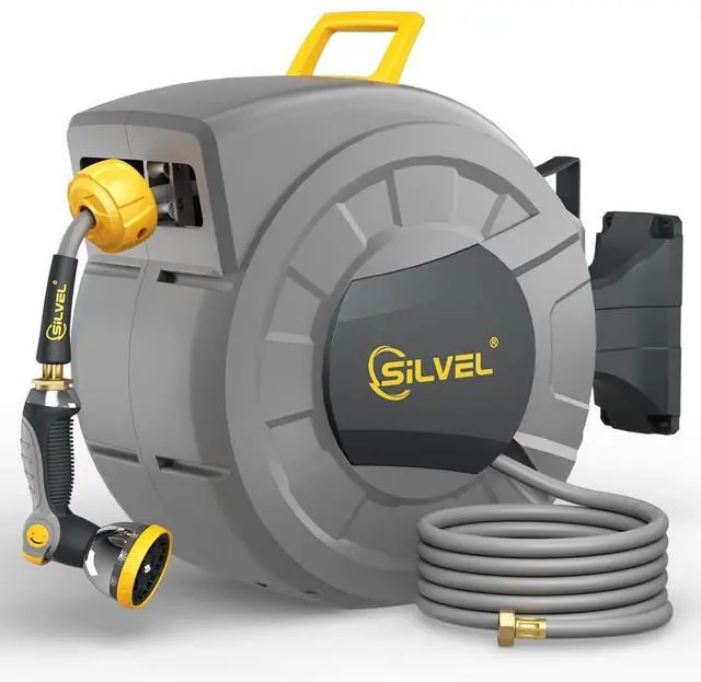Main image of 1/2 in x 110 FT Retractable Garden Hose Reel, UV Resistant Heavy Duty Automatic Hose Reel Wall Mount with 10 Pattern Nozzle, Any Length Lock & Slow Return System, 180°Swivel Bracket, Yellow