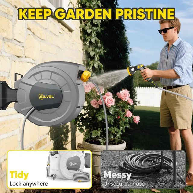 Alt view image 2 of 7 - 1/2 in x 110 FT Retractable Garden Hose Reel, UV Resistant Heavy Duty Automatic Hose Reel Wall Mount with 10 Pattern Nozzle, Any Length Lock & Slow Return System, 180°Swivel Bracket, Yellow