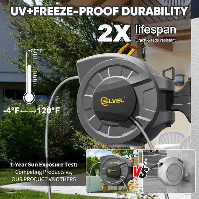 Alt view image 4 of 7 - 1/2 in x 110 FT Retractable Garden Hose Reel, UV Resistant Heavy Duty Automatic Hose Reel Wall Mount with 10 Pattern Nozzle, Any Length Lock & Slow Return System, 180°Swivel Bracket, Yellow