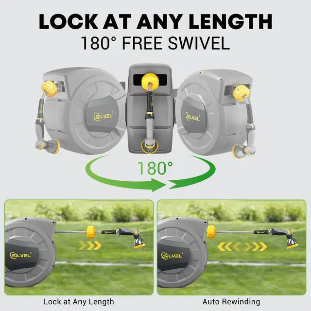 Alt view image 6 of 7 - 1/2 in x 110 FT Retractable Garden Hose Reel, UV Resistant Heavy Duty Automatic Hose Reel Wall Mount with 10 Pattern Nozzle, Any Length Lock & Slow Return System, 180°Swivel Bracket, Yellow