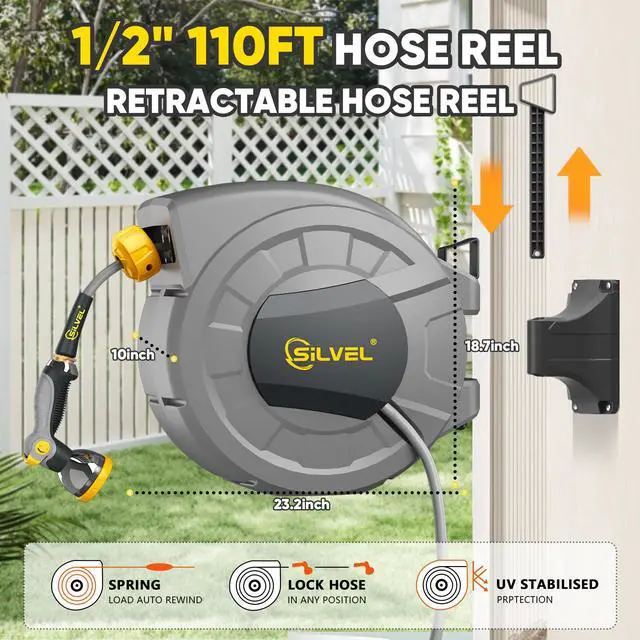 Alt view image 5 of 7 - 1/2 in x 110 FT Retractable Garden Hose Reel, UV Resistant Heavy Duty Automatic Hose Reel Wall Mount with 10 Pattern Nozzle, Any Length Lock & Slow Return System, 180°Swivel Bracket, Yellow