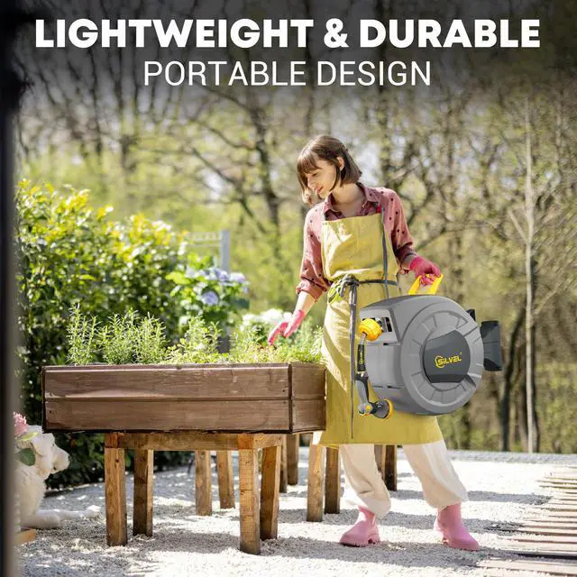 Alt view image 7 of 7 - 1/2 in x 110 FT Retractable Garden Hose Reel, UV Resistant Heavy Duty Automatic Hose Reel Wall Mount with 10 Pattern Nozzle, Any Length Lock & Slow Return System, 180°Swivel Bracket, Yellow