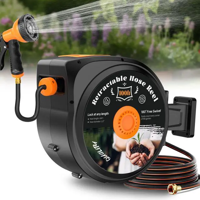 Main image of Retractable Garden Hose Reel, 1/2 in x 100 ft Wall Mounted Hose Reel | Anti-freeze 10-Function Sprayer Nozzle Any Length Lock Slow Return System 180°Swivel Bracke for Large Yard Lawn Car Washing