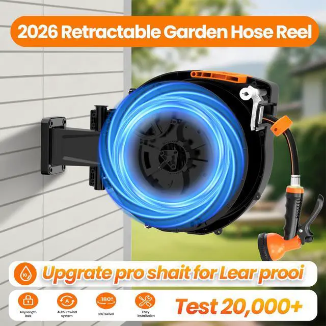 Alt view image 3 of 7 - Retractable Garden Hose Reel, 1/2 in x 100 ft Wall Mounted Hose Reel | Anti-freeze 10-Function Sprayer Nozzle Any Length Lock Slow Return System 180°Swivel Bracke for Large Yard Lawn Car Washing