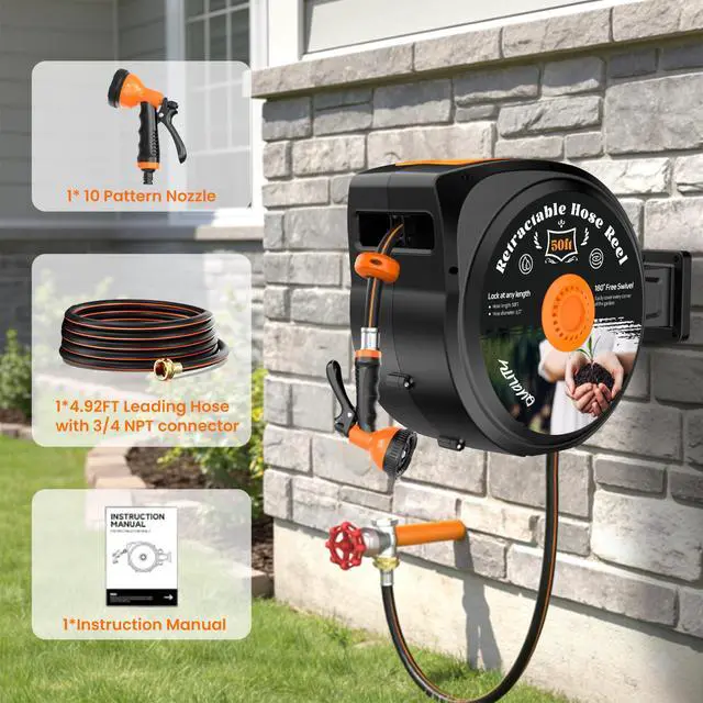 Alt view image 4 of 7 - Retractable Garden Hose Reel, 1/2 in x 100 ft Wall Mounted Hose Reel | Anti-freeze 10-Function Sprayer Nozzle Any Length Lock Slow Return System 180°Swivel Bracke for Large Yard Lawn Car Washing
