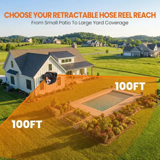 Alt view image 7 of 7 - Retractable Garden Hose Reel, 1/2 in x 100 ft Wall Mounted Hose Reel | Anti-freeze 10-Function Sprayer Nozzle Any Length Lock Slow Return System 180°Swivel Bracke for Large Yard Lawn Car Washing
