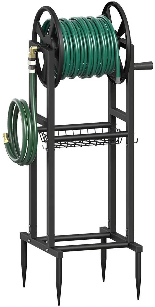 Main image of Freestanding Garden Hose Reel holds 125ft Hose of 5/8" with 4 Hooks, 4-Spike Outdoor Hose Holder with 3.9ft Leader Hose & Brass Fitting, Detachable Metal Hose Stand with Storage Rack, Black
