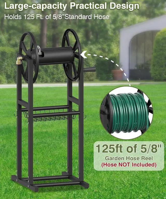 Alt view image 2 of 7 - Freestanding Garden Hose Reel holds 125ft Hose of 5/8" with 4 Hooks, 4-Spike Outdoor Hose Holder with 3.9ft Leader Hose & Brass Fitting, Detachable Metal Hose Stand with Storage Rack, Black