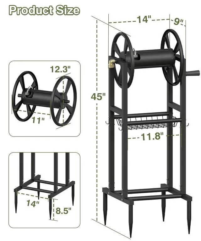Alt view image 3 of 7 - Freestanding Garden Hose Reel holds 125ft Hose of 5/8" with 4 Hooks, 4-Spike Outdoor Hose Holder with 3.9ft Leader Hose & Brass Fitting, Detachable Metal Hose Stand with Storage Rack, Black