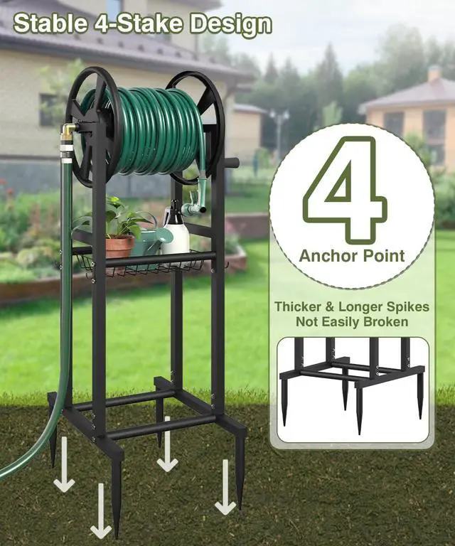 Alt view image 4 of 7 - Freestanding Garden Hose Reel holds 125ft Hose of 5/8" with 4 Hooks, 4-Spike Outdoor Hose Holder with 3.9ft Leader Hose & Brass Fitting, Detachable Metal Hose Stand with Storage Rack, Black