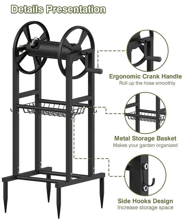 Alt view image 5 of 7 - Freestanding Garden Hose Reel holds 125ft Hose of 5/8" with 4 Hooks, 4-Spike Outdoor Hose Holder with 3.9ft Leader Hose & Brass Fitting, Detachable Metal Hose Stand with Storage Rack, Black