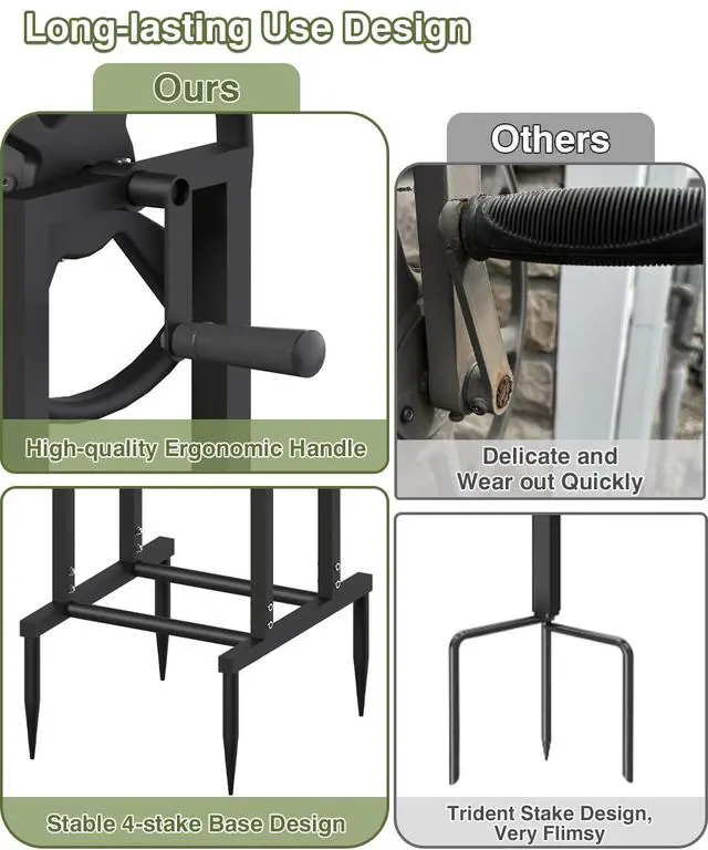 Alt view image 6 of 7 - Freestanding Garden Hose Reel holds 125ft Hose of 5/8" with 4 Hooks, 4-Spike Outdoor Hose Holder with 3.9ft Leader Hose & Brass Fitting, Detachable Metal Hose Stand with Storage Rack, Black