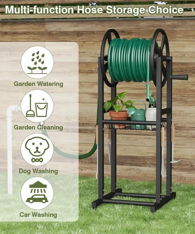 Alt view image 7 of 7 - Freestanding Garden Hose Reel holds 125ft Hose of 5/8" with 4 Hooks, 4-Spike Outdoor Hose Holder with 3.9ft Leader Hose & Brass Fitting, Detachable Metal Hose Stand with Storage Rack, Black