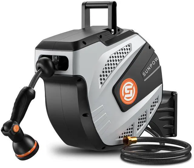 Main image of Retractable Garden Hose Reel - 1/2 inch x 50ft Heavy Duty Wall Mounted Hose Reel with 3/4 inch Brass Fitting & 10 Sprayer Nozzle - Any Length Lock, Auto Rewind System, 180°Swivel Bracket- Grey